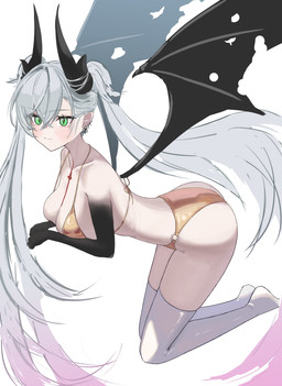 arm_under_breasts arms_bent bent_legs bent_over big_breasts black_arms black_wings blush breast_squish breasts clothing collarbone ear_piercing ear_ring female female_humanoid gold_bra gold_panties green_eyes grey_hair hair hair_between_eyes horn legs_together legwear long_hair midair not_furry pantyhose piercing pigtails pointy_ears prick_ears ring_piercing simple_background squish white_background white_clothing white_legwear white_pantyhose wings hanaen fate_(series) type-moon lilith_(fate) demon demon_humanoid horned_humanoid humanoid absurd_res hi_res