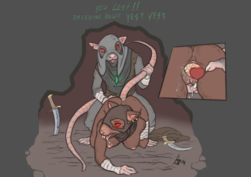 all_fours anthro anus bodily_fluids bottomless breasts brown_body brown_fur buckteeth butt clothed clothing dialogue dominant dominant_male drooling duo erection female female_penetrated from_behind_position fur genital_fluids genitals grey_body grey_fur hood knife male male/female male_penetrating male_penetrating_female melee_weapon mostly_nude nipples penetration penile penile_penetration penis penis_in_vagina pink_nose red_eyes saliva sex shirt standing tail tail_grab teeth text tongue tongue_out topwear vaginal vaginal_fluids vaginal_penetration vulva warts weapon crestfallenartist warhammer_(franchise) warhammer_fantasy mammal rodent skaven 2017 digital_media_(artwork) english_text signature