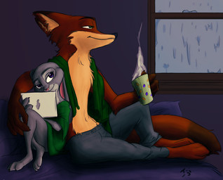 4_fingers anthro barefoot bed bottomwear brown_body brown_fur claws clothed clothing container crossed_legs cup duo electronics feet female fingers fur furniture green_eyes grey_body grey_fur holding_container holding_cup holding_object inside long_ears male on_bed pants purple_eyes raining smile steam tablet tablet_computer topless towel window iji stormspike third-party_edit disney zootopia judy_hopps nick_wilde canid canine fox lagomorph leporid mammal rabbit red_fox true_fox 2016 color_edit colored
