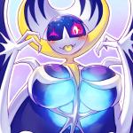 big_breasts blush breasts busty_feral female feral glowing glowing_eyes looking_at_viewer one_eye_closed outline pink_sclera simple_background smile solo tongue tongue_out white_eyes wings wink cotora nintendo pokemon bat generation_7_pokemon legendary_pokemon lunala mammal pokemon_(species) 1:1