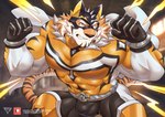 abs anthro bodysuit clenched_teeth clothing countershading electricity male mask muscular muscular_anthro muscular_male pecs skinsuit solo spandex superhero teeth tight_clothing espertiger estper lifewonders live_a_hero ryekie_(live_a_hero) felid mammal pantherine tiger