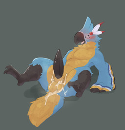 4_toes after_sex animal_genitalia anisodactyl anthro avian_feet balls beak black_penis blue_body blue_feathers blush bodily_fluids cum cum_in_ass cum_inside cum_on_balls erection feather_hands feathers feet genital_fluids genitals male penis sheath simple_background solo toes cometdragonite breath_of_the_wild nintendo the_legend_of_zelda kass_(tloz) avian bird rito hi_res