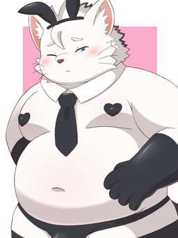 accessory anthro belly blue_eyes blush bulge clothing embarrassed fake_ears fake_rabbit_ears fur gloves handwear kemono legwear male moobs navel necktie overweight pasties solo stockings thong underwear white_body white_fur meiwan666 tamacolle chikuzen_(tamacolle) 3:4 hi_res