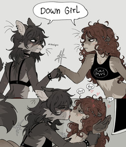 5_fingers anthro anthro_on_anthro arf barking black_hair blush bodily_fluids bra bracelet breast_grab breasts brown_body brown_fur brown_hair choker claws clothed clothing command countershade_torso countershading curly_hair dialogue duo ear_piercing ear_ring ears_back eyes_closed female female/female female_anthro finger_claws fingers fluffy fluffy_tail french_kissing fur grey_background grey_body grey_fur hair hand_on_breast heart_symbol hearts_around_head jewelry kissing medium_breasts moan necklace piercing pinned pinned_to_wall pivoted_ears ring_piercing simple_background skinny_anthro skinny_female snout speech_bubble sports_bra sweat sweatdrop tail text topless topless_anthro topless_female underwear wrist_grab raccoattack down_boy_(meme) angel_(raccoattack) racc_(raccoattack) mammal mustelid otter procyonid raccoon 2025 digital_drawing_(artwork) digital_media_(artwork) english_description english_text hi_res