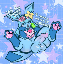 balls big_balls big_butt blue_balls blue_body blue_claws blue_hair blue_penis blue_sclera blush bottomless butt claws clothed clothing dialogue eyewear eyewear_on_head feet feral flower flower_on_head food foot_focus fur genitals glans hair holding_food holding_object holding_popsicle holowear_(pokemon) humanoid_genitalia humanoid_penis looking_aside male motion_lines pawpads paws penis pink_clothing pink_pawpads pink_topwear plant popsicle presenting presenting_balls presenting_penis shutter_shades solo sunglasses text thick_thighs throbbing throbbing_penis tongue tongue_out topwear yellow_flower bunnsboy nintendo pokemon pokemon_unite eeveelution generation_4_pokemon glaceon pokemon_(species) hi_res trans_(lore) trans_woman_(lore)