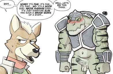 angry anthro armor balls blush duo erection genitals glans headgear helmet humiliation imminent_sex male male/male navel penis penis_humiliation simple_background small_penis_humiliation text vein veiny_penis white_background yellow_sclera hunter-husky nintendo star_fox fox_mccloud canid canine fox mammal scalie sharpclaw_(star_fox) english_text hi_res