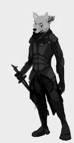 anthro armor clothed clothing facial_markings front_view head_markings holding_melee_weapon holding_object holding_sword holding_weapon male male_anthro markings melee_weapon mouth_closed simple_background solo standing sword weapon solaxe_(artist) canid canine mammal full-length_portrait monochrome portrait