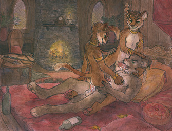 alcohol anal anal_penetration anthro anthro_on_anthro anthro_penetrated anthro_penetrating anthro_penetrating_anthro anus armpit_hair arrow_(weapon) balls bed bedroom beverage biped bodily_fluids body_hair bottle bow_(weapon) bracelet brown_body brown_fur building choker choker_only clock container cowgirl_position cum cum_drip cum_in_ass cum_in_mouth cum_inside cum_on_face detailed_background dominant dominant_male dripping ear_piercing erection fangs feet fellatio fire fireplace from_front_position fur furniture genital_fluids genitals gold_(metal) gold_choker gold_jewelry gold_necklace green_eyes group group_nudity group_sex hand_on_butt hand_on_head hand_on_leg hindpaw indoor_nudity indoor_sex inside jewelry jewelry_only kneeling leaking_cum looking_pleasured lying male male/male male_on_bottom male_on_top male_penetrated male_penetrating male_penetrating_male mantle_clock medieval_architecture necklace necklace_only nipple_fetish nipple_pinch nipple_play nipples nude on_back on_bed on_bottom on_top oral oral_penetration paws penetration penile penile_penetration penis piercing pinch power_bottom quiver_(object) ranged_weapon reverse_spitroast sex size_difference spread_anus spreading submissive submissive_male teeth threesome tongue tongue_out trio weapon whiskers sicklyhypnos dungeons_and_dragons hasbro wizards_of_the_coast fekkri_talot canid canine canis domestic_cat felid feline felis lynx mammal tabaxi wolf 2017 traditional_media_(artwork) indirect_incest_(lore) sibling_(lore) twins_(lore)