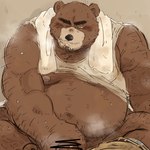 anthro barely_visible_genitalia barely_visible_penis belly big_belly black_nose brown_body brown_fur clothed clothing fur genitals kemono male masturbation moobs musk nipples overweight overweight_male penis raised_clothing raised_shirt raised_topwear shirt sitting solo topwear towel mtmnkmn125 bear mammal 1:1 2023 censored hi_res