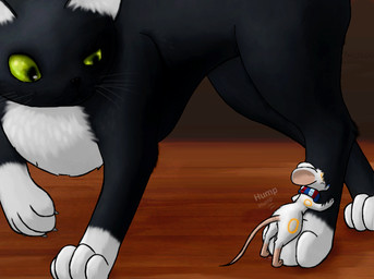 4_toes ambiguous_gender annoyed black_body black_fur digitigrade duo eyes_closed feet feral foot_fetish fur green_eyes hindpaw interspecies male micro paws scarf size_difference text toes white_body white_fur trigaroo transformice trig domestic_cat felid feline felis mammal mouse murid murine rodent digital_media_(artwork) shaded