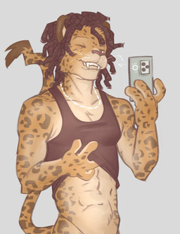4_fingers abs anthro black_hair clothed clothing dreadlocks fingers fur fur_markings hair jewelry male markings muscular necklace piercing selfie sharp_teeth simple_background smile solo spots spotted_markings tail teeth teeth_showing whiskers manu_usi felid leopard mammal pantherine hi_res
