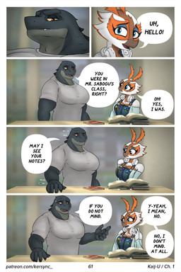 anthro big_muscles big_pecs book clothing dialogue dialogue_box female flashback introduction male muscular muscular_male overalls pecs school text kersync godzilla_(series) mothra_(series) toho godzilla goji_(kersync) maya_(kersync) mothra 2026 2:3 absurd_res comic digital_media_(artwork) english_text hi_res url