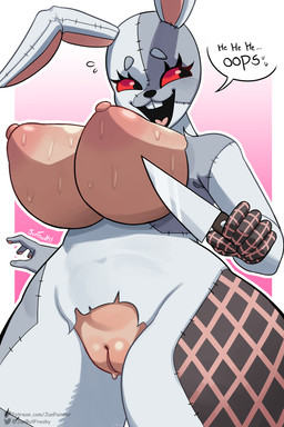 areola big_areola big_breasts big_nipples black_eyes black_nose bodily_fluids breasts buckteeth clothing costume dialogue exposed_breasts eyebrows eyelashes female genitals grey_body grey_eyebrows holding_knife holding_object huge_breasts knife nipples open_mouth open_smile pink_areola pink_inner_ear pink_nipples pink_tongue red_sclera smile sweat sweaty_breasts teeth text thick_thighs tongue vulva whiskers white_body white_ears wide_hips junpainter five_nights_at_freddy's scottgames vanny_(fnaf) human lagomorph leporid mammal rabbit 2:3 absurd_res artist_name english_text hi_res signature