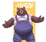 anthro belly big_belly biped black_nose brown_body clothing eyes_closed humanoid_hands overalls overweight shirt solo topwear unatazaamarilla bear mammal 2022 absurd_res hi_res