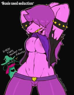 ambiguous_gender big_breasts black_background bodily_fluids breasts clothed clothing clothing_lift dialogue duo female female_focus hair hair_over_eyes hands_behind_head jacket nipples non-mammal_breasts non-mammal_nipples open_clothing open_jacket open_topwear pink_body purple_hair shirt shirt_in_mouth shirt_lift simple_background solo_focus sweat teeth text topwear torn_clothing yellow_teeth cataxdrk2020 deltarune undertale_(series) ralsei susie_(deltarune) bovid caprine darkner goat mammal reptile scalie 2021 english_text portrait three-quarter_portrait