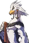 anthro beak clothed clothing feathers looking_at_viewer male simple_background smile topless white_background white_body white_feathers lan_rizardon breath_of_the_wild nintendo the_legend_of_zelda teba_(tloz) avian bird rito hi_res