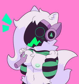 anthro big_breasts blush blush_lines breast_grab breasts clothed clothing clothing_lift exposed_breasts female fluffy fluffy_hair fluffy_tail flustered fur hair hand_on_breast huge_breasts machine neck_tuft nipples presenting presenting_breasts screen screen_face simple_background solo surprised tail tuft white_body white_fur spartancandy protogen hi_res
