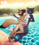 4_toes 5_fingers anthro bikini black_nose breasts brown_eyes brown_hair clothing day digitigrade duo feet female fingers fur hair male outside sky smile swimwear tan_body tan_fur toes two-piece_swimsuit water imanika evarist flyssa_(altharin) canid canine canis domestic_dog fox mammal 2018 digital_media_(artwork)