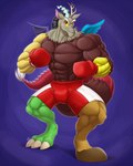 abs abstract_background anthro antlers apode biceps blue_background bottomwear boxing_gloves brown_body brown_fur claws clothed clothing feet fur handwear hooves horn legless long_tail looking_at_viewer male muscular muscular_anthro muscular_male pecs red_bottomwear red_boxing_gloves red_clothing red_eyes red_handwear red_shorts serpentine shorts simple_background smile solo tail toe_claws toes topless topless_anthro topless_male wings yellow_sclera ponyanony friendship_is_magic hasbro my_little_pony discord_(mlp) chimera draconequus 2015 digital_drawing_(artwork) digital_media_(artwork) hi_res signature