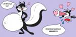 <3 belly big_belly cat drooling english_text feline female flat_colors hand_on_hip looney_tunes male mammal overweight penelope_pussycat pepé_le_pew plain_background saliva skunk teeth text tongue toony unknown_artist warner_brothers
Rating: Questionable
Score: -5
User: Munkelzahn
Date: October 25, 2013
