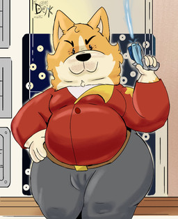 anthro belly bulge clothing fluffy hand_on_hip laser laser_gun male ranged_weapon red_clothing simple_background smile smiling_at_viewer solo uniform weapon ugly-rat15508 dogs_in_space netflix garbage_(dogs_in_space) canid canine canis domestic_dog herding_dog mammal pastoral_dog welsh_corgi digital_drawing_(artwork) digital_media_(artwork) hi_res