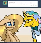 duo female feral horn male smile text slavedemorto hasbro my_little_pony the_simpsons backy_(mlp) fan_character moe_szyslak earth_pony equid equine horse human mammal pony crossover english_text hi_res