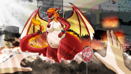 5_fingers anthro belly black_eyebrows breasts building city city_background city_destruction cityscape collar destroyed_building destroyed_city destruction duo eyebrows eyelashes female fingers fire first_person_view flaming_tail hair looking_at_viewer macro navel one_eye_closed orange_hair red_body scales skyscraper smoke spiked_collar spikes stop_sign tail tongue white_body white_skin wings wink yellow_eyes j4d3n mythology ember_(embertalks) dragon human mammal mythological_creature mythological_scalie scalie 16:9 4k absurd_res hi_res widescreen