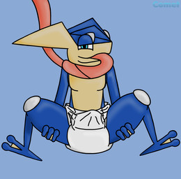 blue_body blue_eyes clothed clothing diaper feet male presenting_diaper showing_diaper sitting solo spread_legs spreading tongue tongue_out wearing_diaper yellow_body cometmystic21 nintendo pokemon comet_(cometmystic21) amphibian frog generation_6_pokemon greninja pokemon_(species) hi_res