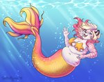 2018 anthro belly big_belly blonde_hair blue_eyes dated eyelashes fangs felid female hair hybrid looking_at_viewer mammal marine marzipan_(spottedtigress) merfolk multicolored_hair navel nude open_mouth open_smile overweight overweight_anthro overweight_female pantherine pink_body pink_hair signature smile solo split_form spotted_arms striped_arms teeth tiger tiggybloom two_tone_hair white_body