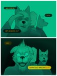 anthro command dialogue duo eyebrows horror_(theme) male narrowed_eyes open_mouth panicking questioning_tone scared speech_bubble squint surprise surprised_expression text thick_eyebrows sharkinthepark canid canine canis mammal wolf 2024 absurd_res comic english_text hi_res