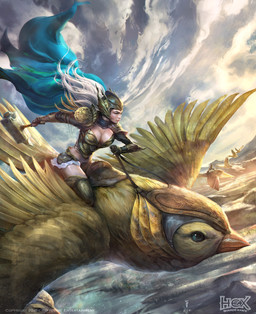 ambiguous_gender armor beak breasts cloud day duo feathered_wings feathers female feral flying hair hammer headgear helmet holding_hammer holding_object holding_tool outside pauldron riding size_difference tools white_hair wings yellow_body yellow_feathers ivan_tao hex:_shards_of_fate avian bird human mammal 2016 absurd_res digital_media_(artwork) hi_res official_art