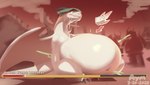 after_vore anthro belly big_belly duo gameplay_mechanics gui health_bar hue_belly outside overweight simple_background text vore white_body wings aymbord elden_ring fromsoftware mythology dragon mythological_creature mythological_scalie scalie 2022 absurd_res hi_res