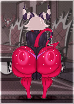 balls_outline big_butt bottom_heavy bottomwear bulge butt clothing detailed_bulge freckled_butt freckles genital_outline hair horn huge_butt male motion_lines not_furry red_body shirt shorts shortstack shortstack_male solo spade_tail tail thick_thighs thong topwear underwear white_hair wide_hips daeriusus hellaverse helluva_boss moxxie_(helluva_boss) demon humanoid imp hi_res