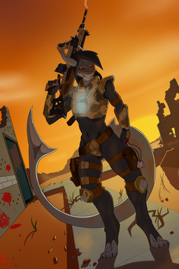 angry anthro armor blood bodily_fluids bodysuit claws clothing female footwear gun legwear military ranged_weapon scratches skinsuit socks solo sunset tally_marks tight_clothing toeless_footwear toeless_socks war weapon western_tally_marks aramis-savra saiph_kenzer aquatic fish shark 2:3 hi_res