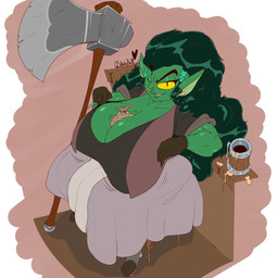 axe between_breasts big_breasts breasts cleavage clothed clothing facial_piercing female green_body green_hair green_skin hair huge_breasts mature_female mature_humanoid melee_weapon nose_piercing nose_ring not_furry object_between_breasts piercing ring_piercing solo weapon sketchyboi08 goblin humanoid 1:1 absurd_res hi_res