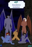 angela_(gargoyles) bat_wings black_hair blue_body blue_hair blue_nipples blue_skin breasts brooklyn_(gargoyles) demona_(gargoyles) disney elisa_maza_(gargoyles) erection fab3716 female french_text gargoyle gargoyles genitals goliath_(gargoyles) group hair human human_on_humanoid humanoid interspecies irl_trace male mammal membrane_(anatomy) membranous_wings navel nipples not_furry nude penis pubes pussy red_hair text translated wings