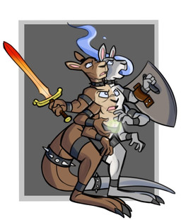 2_heads 3_heads 3_toes 4_fingers anthro conjoined face_on_chest feet fingers group male male/male melee_weapon merging multi_arm multi_head multi_limb plantigrade shield standing stuck_together sword tail thick_tail toes weapon what cameroo kangaroo macropod mammal marsupial hi_res