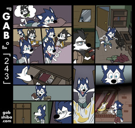 aged_down anthro backpack bed bedroom black_body black_fur blue_body blue_eyes blue_fur closet clothed clothing computer diary drawer duo electric_guitar electronics eyewear flashback fur furniture gaming_chair glasses guitar idea looking_through looking_through_window lying lying_on_bed male musical_instrument narrowed_eyes naughty_face on_bed on_front open_drawer plucked_string_instrument searching sneaking solo string_instrument text thinking_about_another thought_bubble twelve_frame_image wearing_glasses white_face writing_text writing_utensil gabshiba gab_(comic) bau_husky blau_husky canid canine canis domestic_dog husky mammal nordic_sled_dog spitz 2026 comic digital_drawing_(artwork) digital_media_(artwork) url brother_(lore) brothers_(lore) sibling_(lore)