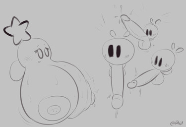 areola balls big_balls big_breasts big_penis bodily_fluids breasts erection female genitals group huge_balls huge_breasts huge_penis hyper hyper_breasts male nipples not_furry penis sweat sweaty_breasts wings philahorns mario_and_luigi_(series) mario_bros nintendo starlow arthropod insect star_sprite waddling_head hi_res monochrome sketch