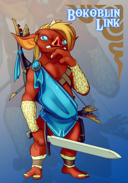 2_toes 3_fingers alternate_species anthro arm_wraps barefoot big_ears blonde_hair blue_eyes bow_(weapon) clothed clothing feet fingers hair horn implied_transformation leg_wraps male melee_weapon pig_nose ranged_weapon sheikah_slate simple_background solo sword tablet_computer teeth_showing text toes toga tusks weapon wraps xenithfreelancer breath_of_the_wild nintendo the_legend_of_zelda link blin_(tloz) bokoblin absurd_res digital_media_(artwork) english_text hi_res