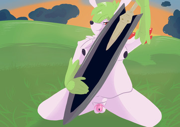 anthro areola belly black_areola black_nipples breasts chastity_cage chastity_device fur gloves_(marking) green_body green_fur green_hair gynomorph hair holding_object holding_weapon intersex kneeling looking_at_viewer markings melee_weapon nipples nude nude_gynomorph outdoor_background outside pink_chastity_cage red_eyes slightly_chubby solid_chastity_cage solo sword weapon wearing_chastity_cage wearing_chastity_device white_body white_fur doitean nintendo pokemon marin_(doitean) generation_4_pokemon legendary_pokemon pokemon_(species) shaymin sky_forme_shaymin hi_res