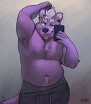 5_fingers anthro armpit_hair belly bodily_fluids body_hair bottomwear boxer_briefs chest_tuft clothing fingers fur grey_clothing grey_underwear hair half-closed_eyes looking_at_viewer loose_pants love_handles male moobs musclegut muscular narrowed_eyes navel nipples pants purple_body purple_eyes purple_fur raised_arm sagging_pants selfie shirtless simple_background smile smirk solo sweat sweatpants sweaty_armpit sweaty_belly sweaty_chest sweaty_face tuft underwear white_hair spyz_(artist) kodi_(spyz) canid canine mammal 2022 hi_res portrait signature three-quarter_portrait