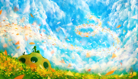 ambiguous_gender arm_support black_body black_fur clothed clothing cloud feral flower fur grass group hair leaf long_hair meadow outside plant rear_view reclining scenery sitting sky spiral white_body white_fur wind hououbds domestic_cat felid feline felis human mammal 7:4