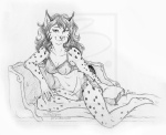 anthro bra breasts cleavage clothed clothing eyebrows eyelashes female fur hair inner_ear_fluff lingerie long_hair looking_at_viewer markings navel nightgown pose skimpy solo spots spotted_body spotted_fur text tuft underwear thetiedtigress rebecca_brunner felid feline lynx mammal 2010 english_text monochrome pinup sketch traditional_media_(artwork)