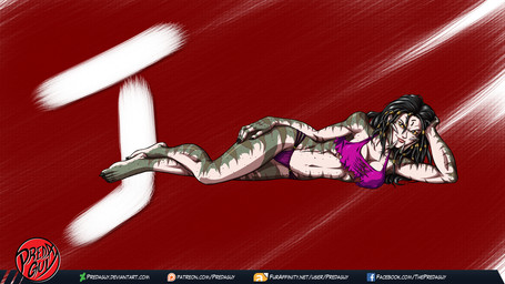 bikini breasts clothing dreadlocks female not_furry pose solo swimwear text two-piece_swimsuit predaguy predator_(franchise) fan_character zaf'el alien human hybrid mammal yautja 16:9 digital_media_(artwork) hi_res pinup url widescreen
