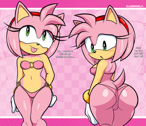 accessory anthro blep blush bodily_fluids breasts butt clothing countershading dialogue female glistening glistening_butt glistening_thighs gloves hair_accessory hairband handwear looking_down navel o-ring o-ring_swimwear pink_body small_breasts solo sweat sweatdrop swimwear text tongue tongue_out blackmore sega sonic_the_hedgehog_(series) amy_rose eulipotyphlan hedgehog mammal absurd_res english_text hi_res signature