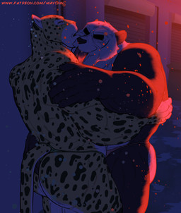 anthro butt butt_grab clothed clothing duo eyes_closed fur half-closed_eyes hand_on_butt hug licking licking_another licking_partner male male/male muscular muscular_anthro muscular_male narrowed_eyes night open_mouth outside snow snowing spots standing tail text thong thong_only tongue tongue_out topless topless_anthro topless_male underwear underwear_only maychin beastars charr_(maririn) gouhin_(beastars) bear felid giant_panda leopard mammal pantherine absurd_res digital_media_(artwork) hi_res url