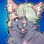 ambiguous_gender blue_background cheek_tuft facial_tuft feral fur green_eyes green_hair green_nose grey_body grey_fur hair inner_ear_fluff open_mouth pink_ears pink_inner_ear_fluff pink_tongue simple_background solo tongue tuft lionfloof canid mammal 1:1