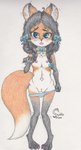 anthro bow_(feature) clothing colored_pencil exposing_pussy female genitals ink panties pussy solo standing underwear young young_anthro squishymare maddie_(squishymare) canid canine fox mammal absurd_res colored_pencil_(artwork) hi_res traditional_media_(artwork)