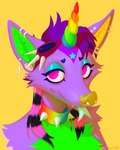 anthro collar eyewear glitter goggles horn piercing simple_background solo sparklefur yellow_background lostgoose mythology canid canine equid equine mammal mythological_creature mythological_equine unicorn 2024 4:5 hi_res portrait